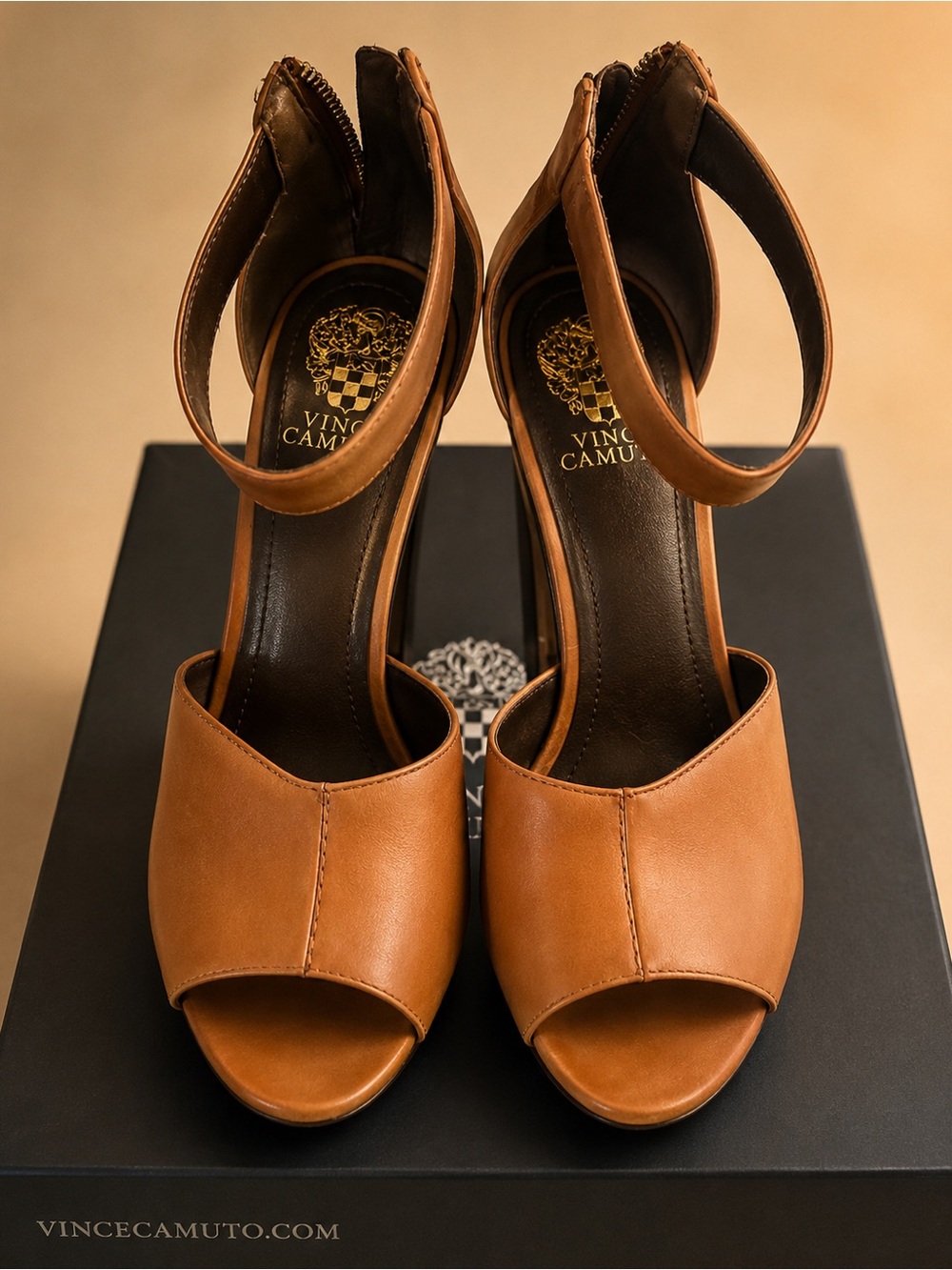 Vince Camuto Cognac Leather Peep-Toe Ankle-Strap Platforms